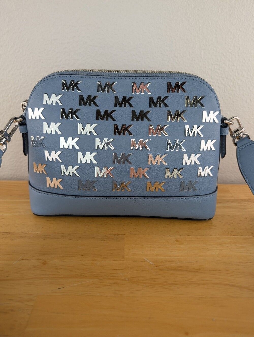 Michael Kors Signature Jet Set Charm Dome Blue Faux Leather Crossbody Bag Silver